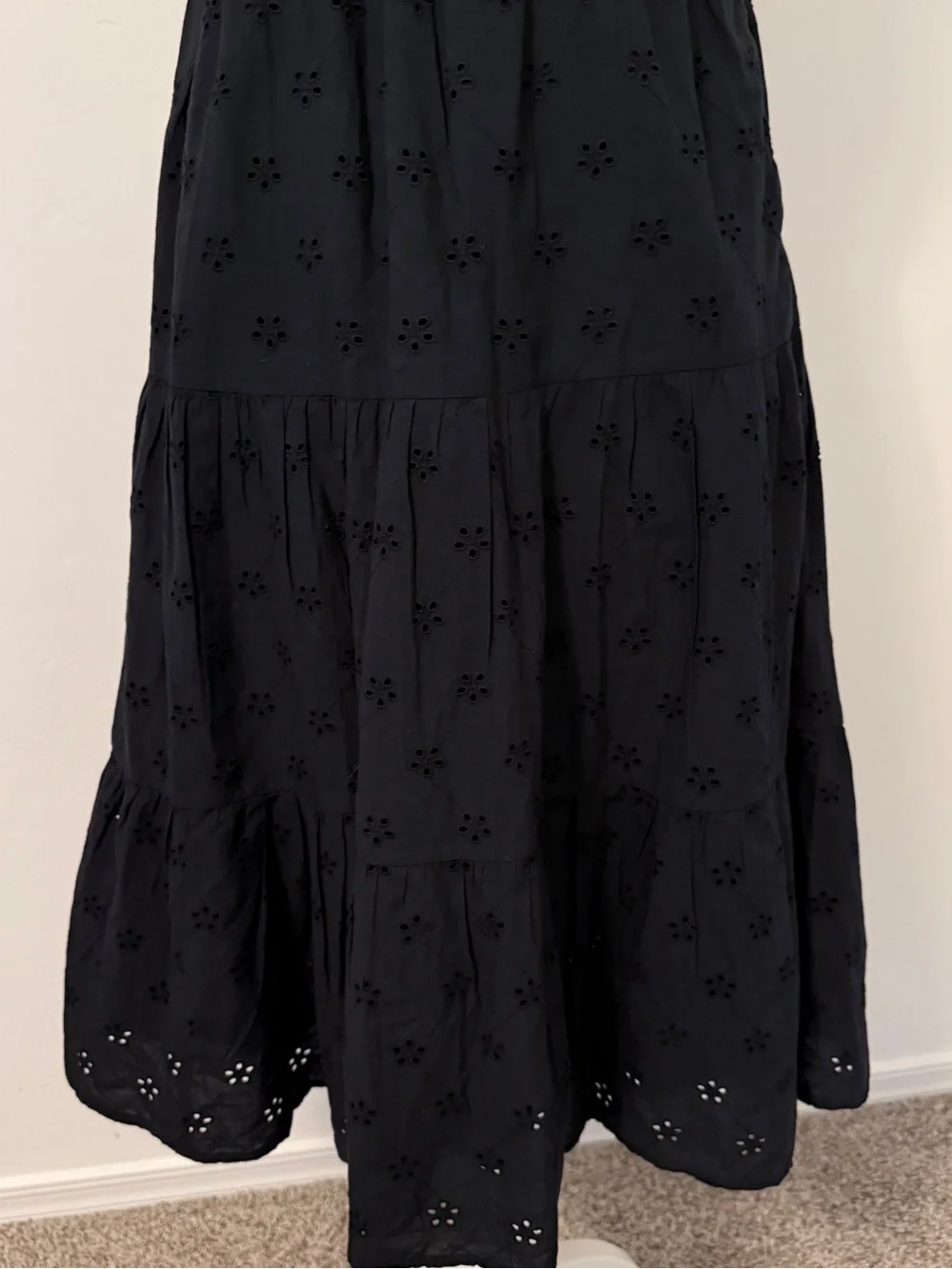 J. Crew Black Eyelet Tiered Midi Dress with Ruffle Sleeves Size 0